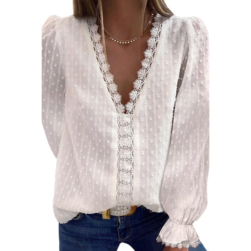Bipily Camiseta para Mujer Blusa de Encaje con Cuello en V de Gasa Manga Larga Elegante y Básica Color Sólido Tops