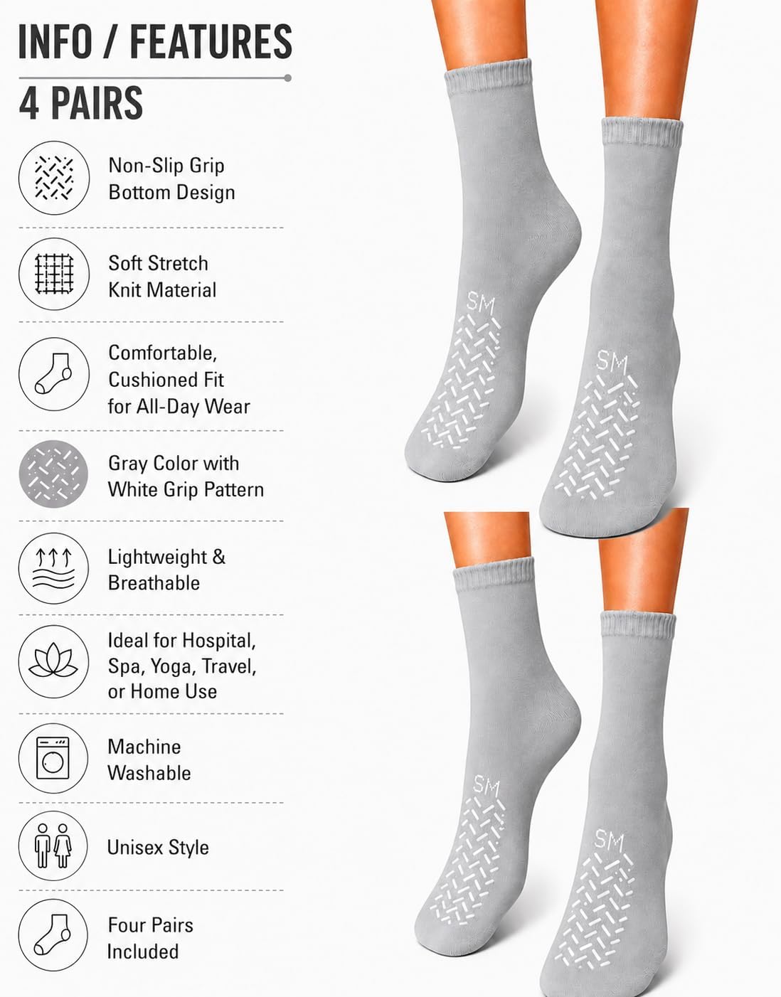 Non-Skid Slipper Socks with Double-Sided Grip Tread, Yellow, 4 Pairs