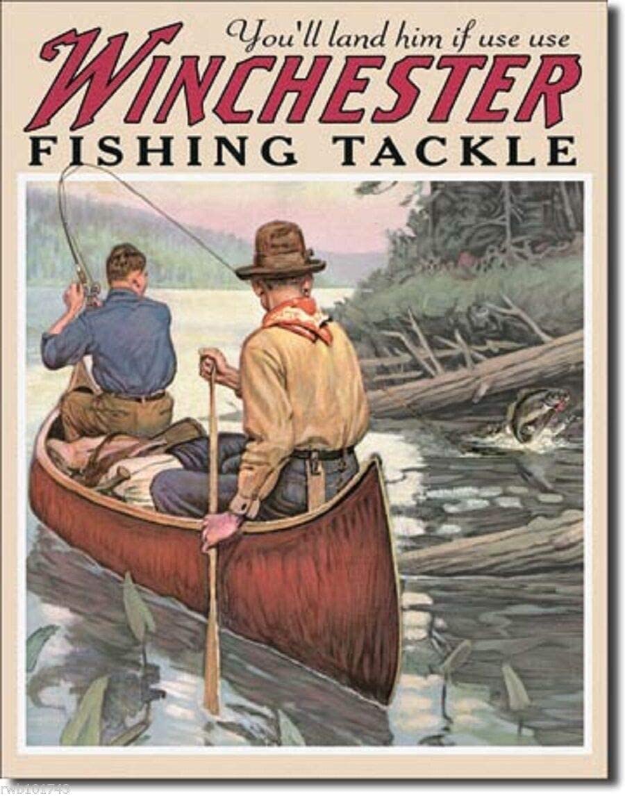 Winchester Fishing Tackle Tin Metal Sign Canoe Art Hunt Cabin Wall Decor 12"x8"