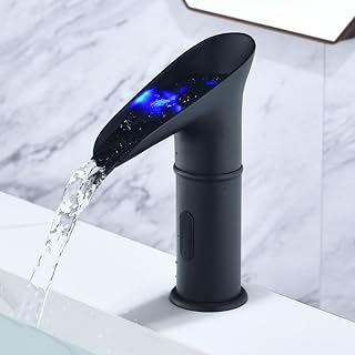 XJTNLB Grifo Sensor Automatico Negro Grifo Cascada Lavabo con Luz Grifos para Lavabos de Baño Cambio de Color Térmico Griferia Baño,Bajo