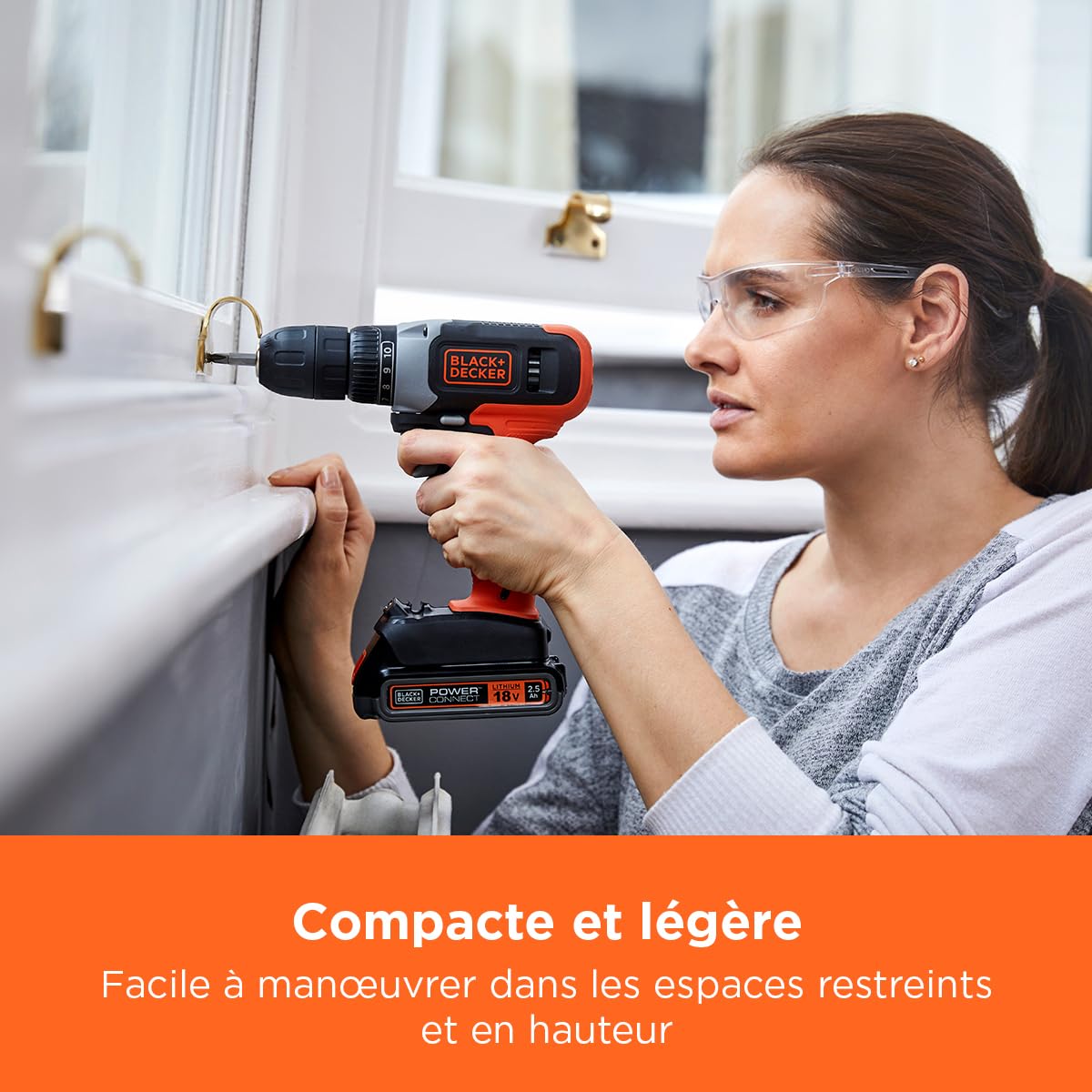BLACK+DECKER Perceuse-visseuse sans fil 18V, couple maximum de 37Nm, 10 positions d'embrayage, lampe de travail LED, batterie 1.5Ah et chargeur, BCD001C1-QW