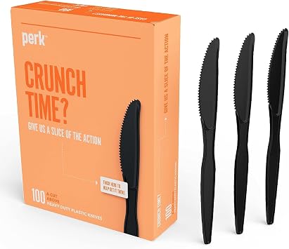 Perk HeavyWeight Polystyrene Plastic Knives, 300 Count Bulk Disposable Knives for Everyday Meals & Events, Black