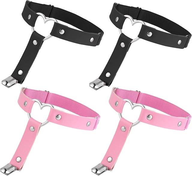 4Pcs Women Adjustable Leather Thigh Garter Heart Shaped Leg Garter with Clips Punk Goth Garters for Thigh-high Socks