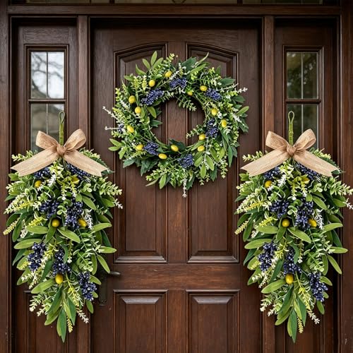 3 PCS Artificial Green Eucalyptus Olives Wreaths for Front Door Spring Summer Greenery Teardrop Swag with Eucalyptus Leaves Boxwood Mixed Berry for Indoor Outdoor Farmhouse Home Festival Wedding Decor