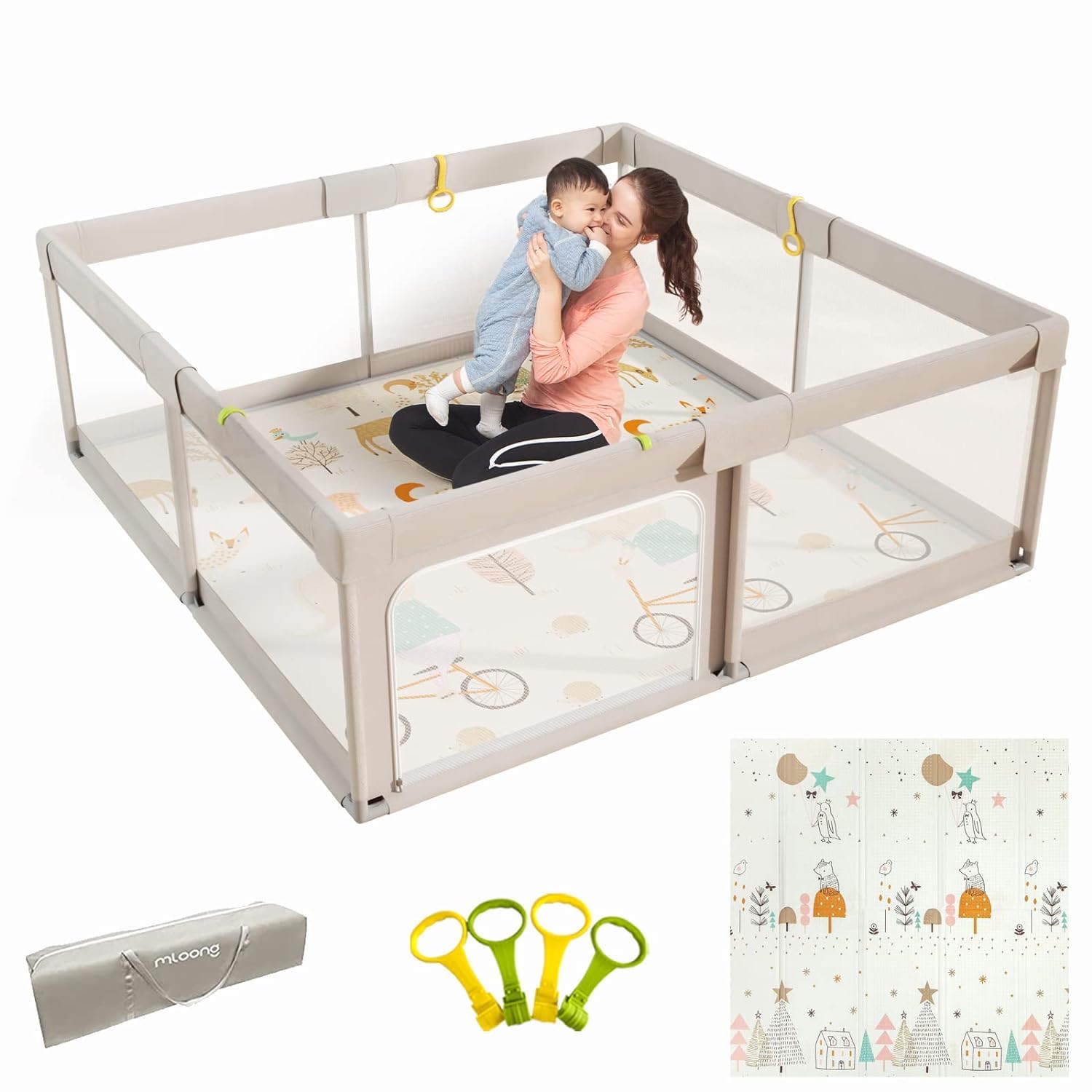 Mloong Parque Infantil Bebe, 150x150x68cm Corralito Bebe Con Alfombra Bebe, Parque De Juegos Bebé, Con Malla Transpirable en Los Cuatro Lados，2