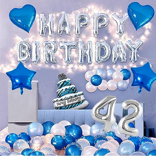 42歳 誕生日 バルーン 風船 バースデー 飾り付け セット数字 バルーン 42 付き スターライト灯串付き 男の子 女の子 大人 ブルー 誕生日 パーティー 誕生日デコレーション セット