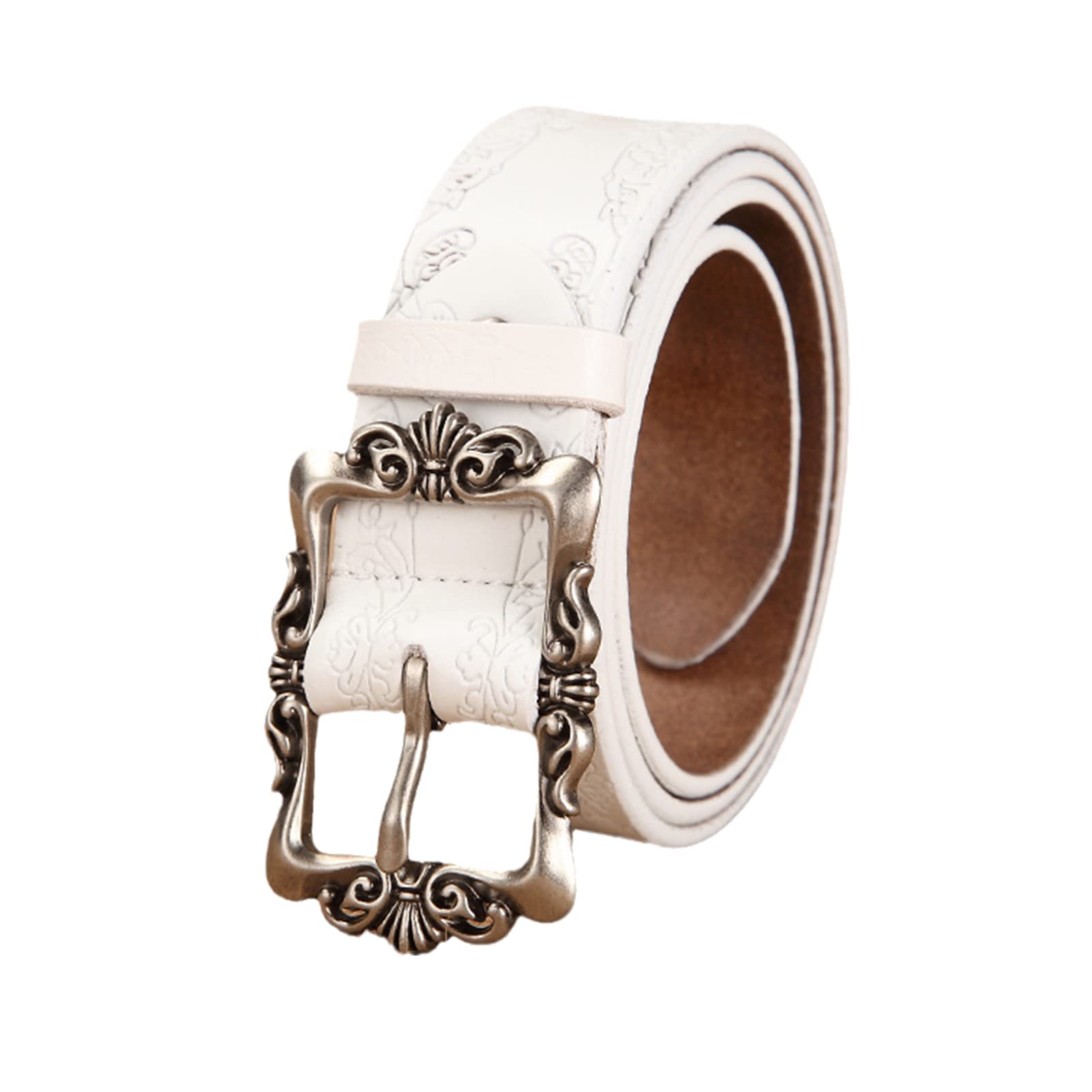Surrycee Western Belts for Men/Women, 33mm Wide Leather Cowgirl Belt for Jeans Pant, Floral Embossed Cowboy Country Genuine Leather Belts for Women with Vintage Buckle,White,120cm/waist:40"~42"