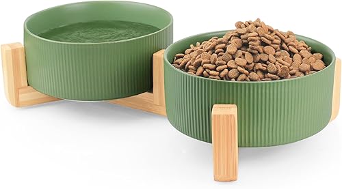 Ptlom Tazones de cerámica para perros y gatos con soporte de madera antideslizante, juego de cuencos para perros y agua, platos de alimentación