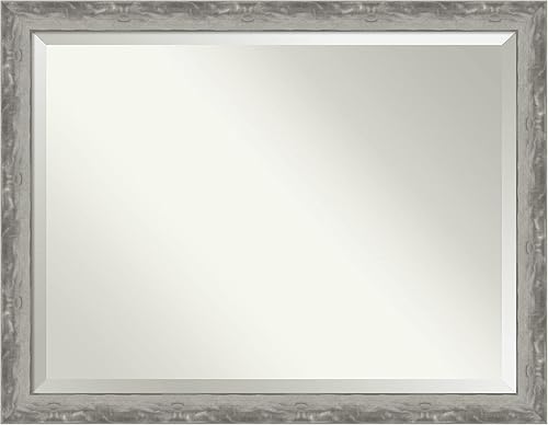 Amanti Art Espejo de pared biselado (34.5 x 44.5 pulgadas), marco estrecho de plata ondulada, espejo de baño, champán, plata, XL