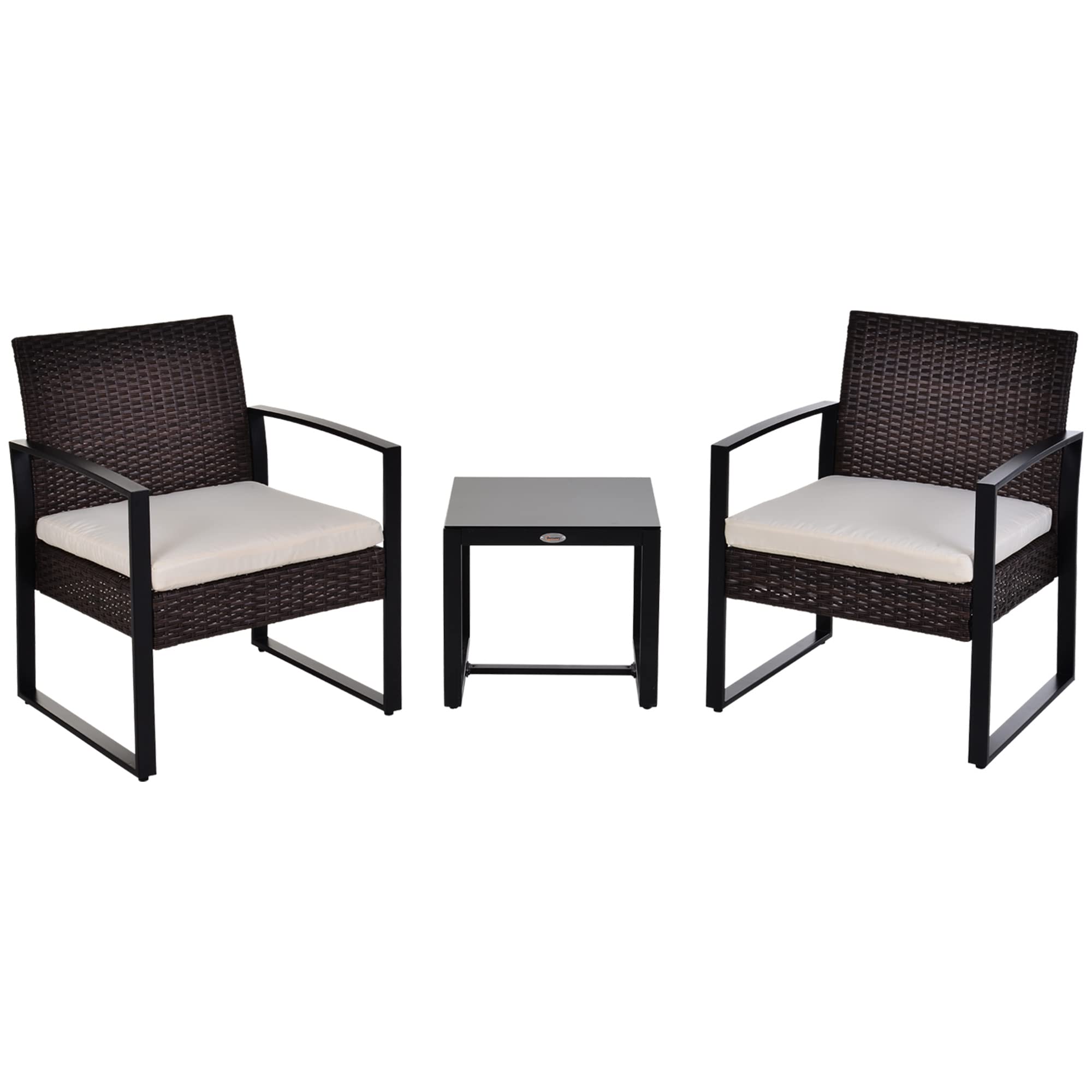 Outsunny Conjunto de Mesa y Sillas de Jardín para Exterior Juego de 3 Piezas Sillas y Mesa de Ratán Incluye 2 Sillones y 1 Mesa de Centro de Vidrio Marrón