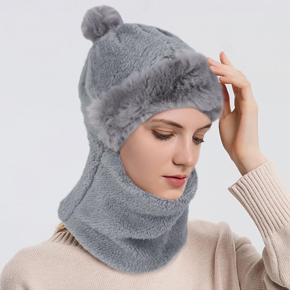 Gorro de Invierno con Pasamontañas Mujer Cálido Prueba de Viento Bufanda de Sombrero con Forro y Pompom para Esquí al Aire Libre