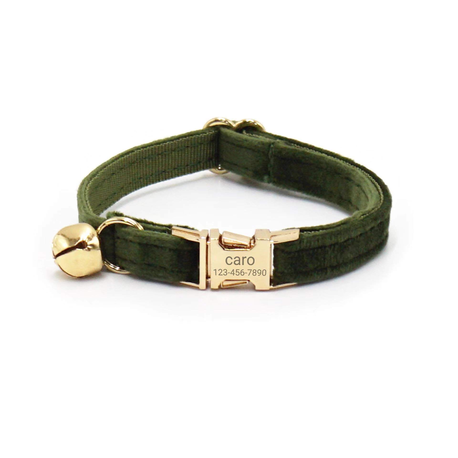 Customized Soft Artificial Velvet Cat Collar, Personalized Cat Tag, Laser Engraved Metal Button Cat Collar, Neck Circumference 0.6-1.2 inches (Army Green)