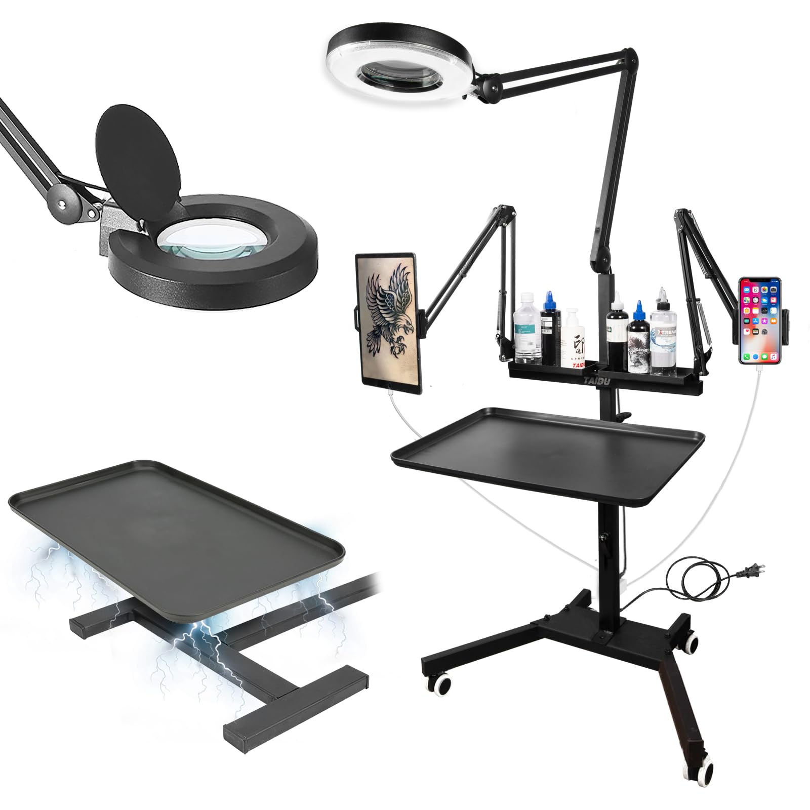 Tattoo Workstation Multifunktionskonsole Tattoo Lampe Doppelständer mit Lampe Tattoo Tray Trolley Einstellbare Höhe Magnetablage