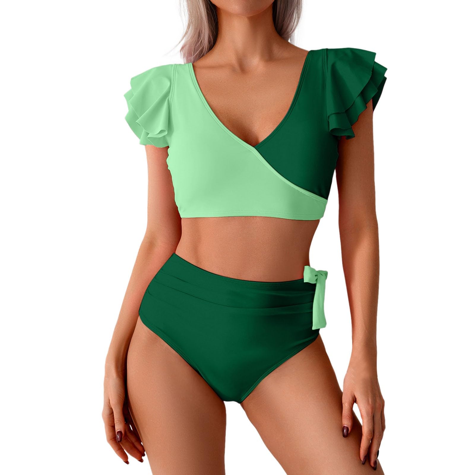 Bikinis para mujer, bikini sexy dividido con mangas en V altas y profundas, conjunto de dos piezas, verde, S