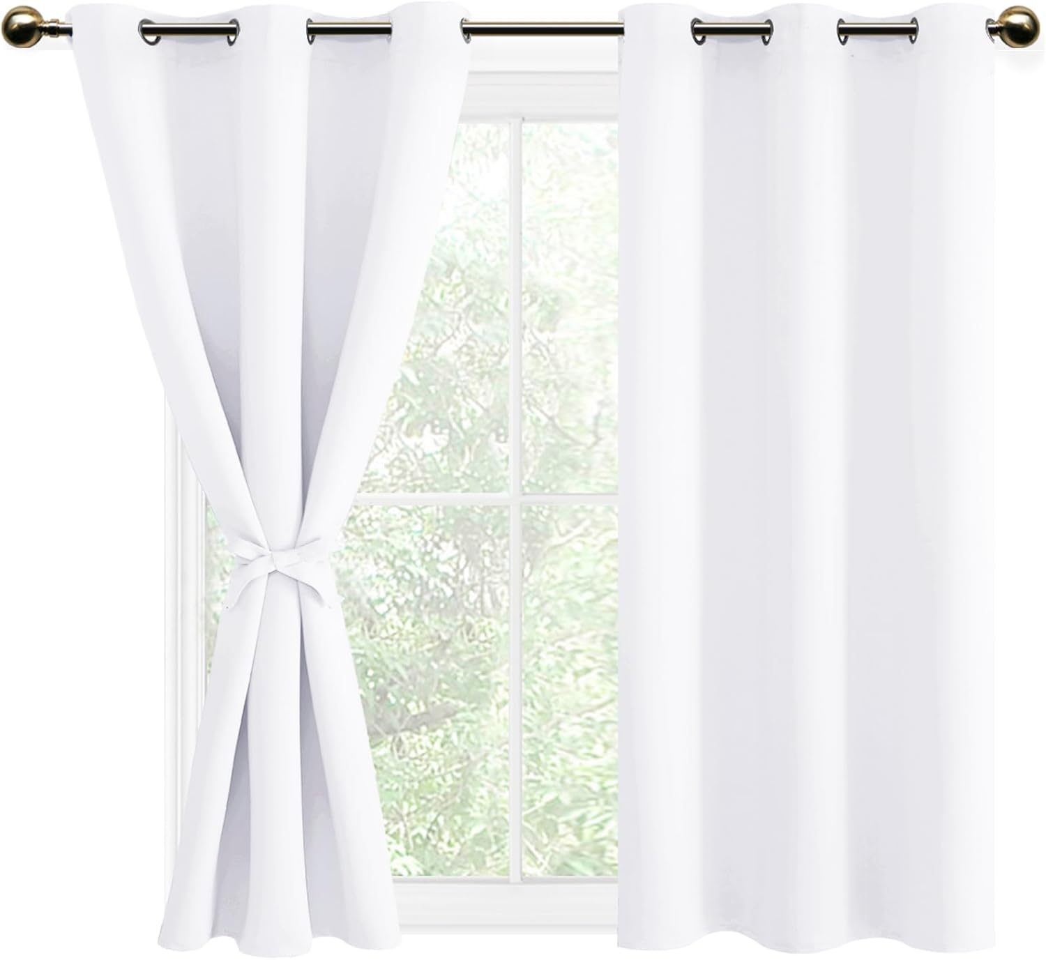 DWCN White Room Darkening Curtains with Tiebacks - Grommet Thermal Insulated & Noice Reducing Half Light Short Block Drapes Window Shades for Bedroom Living Room, W 38 x L 54, 2 Panels