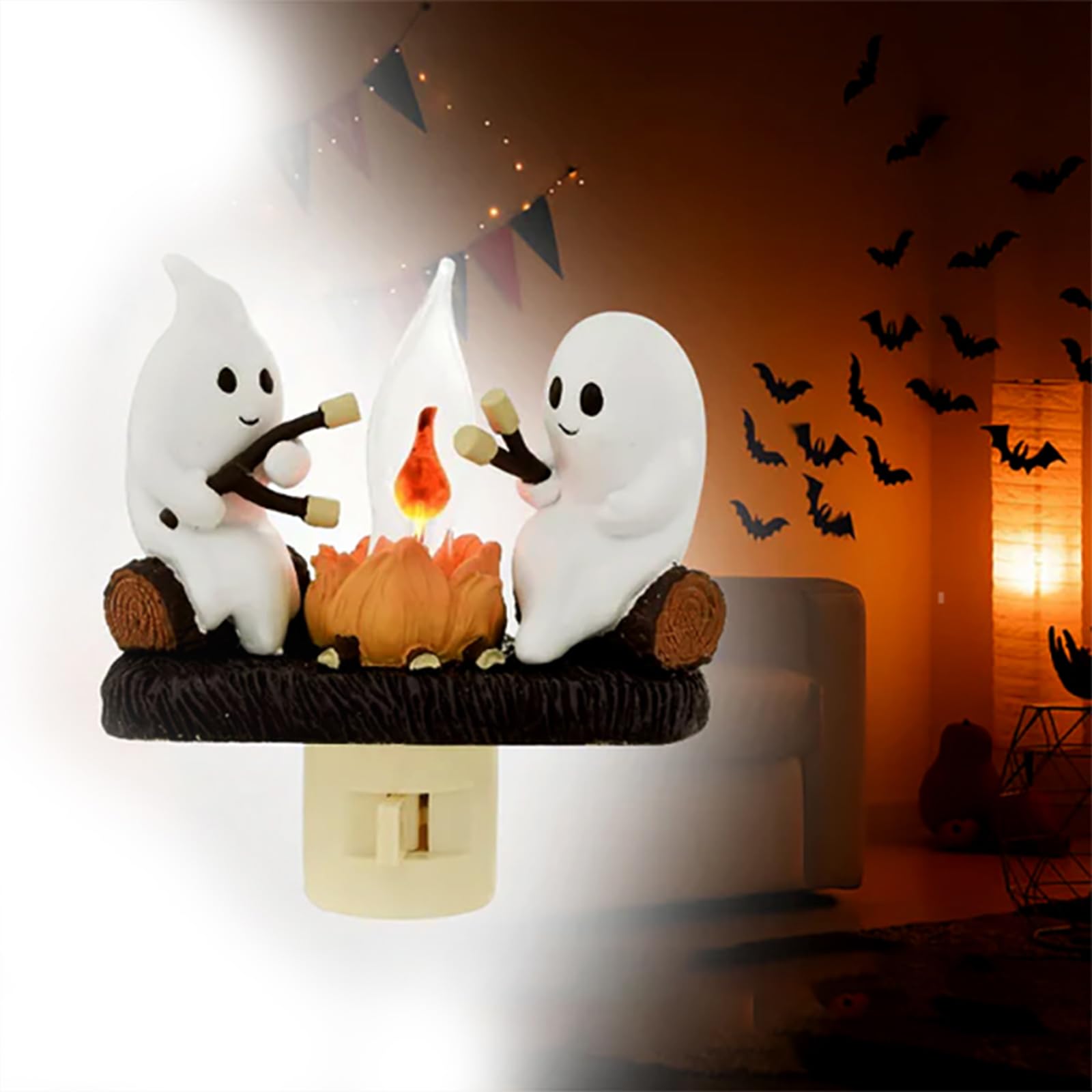 Ghost Campfire Night Light,2024 Halloween Ghost Campfire Flickering Nightlight,Plug-in Campfire Night Light LED Nightlight,Halloween Room Decorations,Halloween Gifts for Family/Friends/Kids