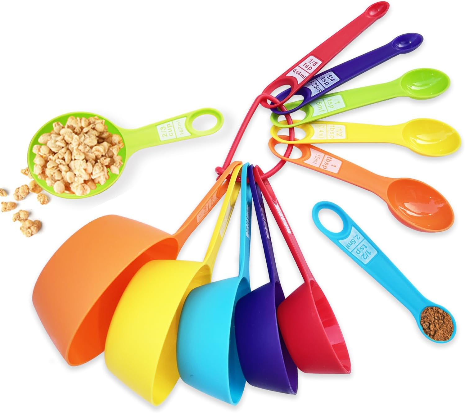 12 Piece Measuring Cups and Spoons Set, Colored Kitchen Measure Tools, Durable Nesting Cups and Spoons for Dry and Liquid, Dishwasher Safe