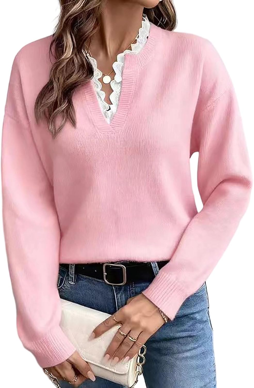 Women's Romantic Ruffle Lace Trim V Neck Long Sleeve Knit Cozy Pullover Sweaters French Elegant Tops