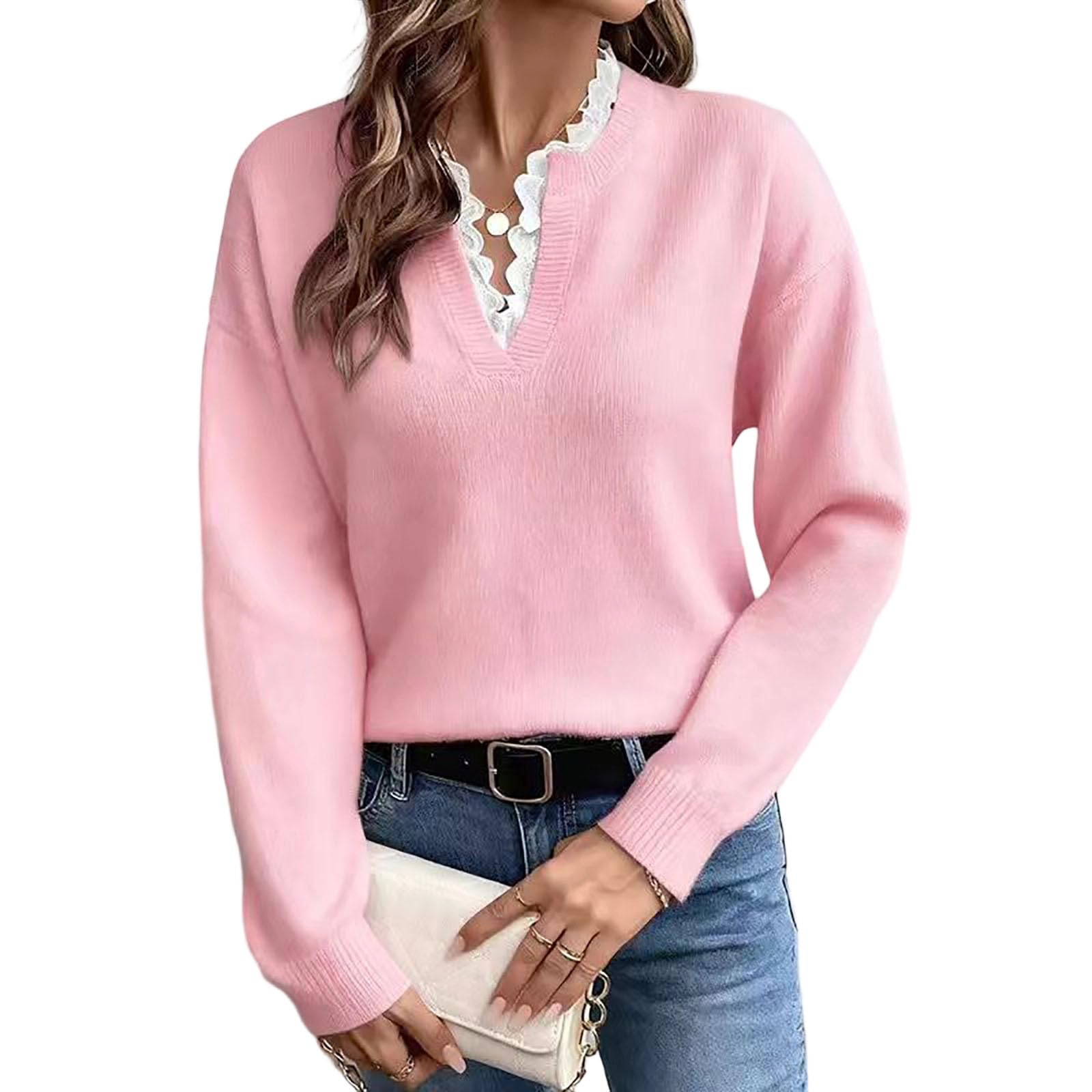 Womens Long Sleeve Sweater Lace Trim Notched V Neck Casual Trendy Pullover Top Fall Winter Loose Fit Soft