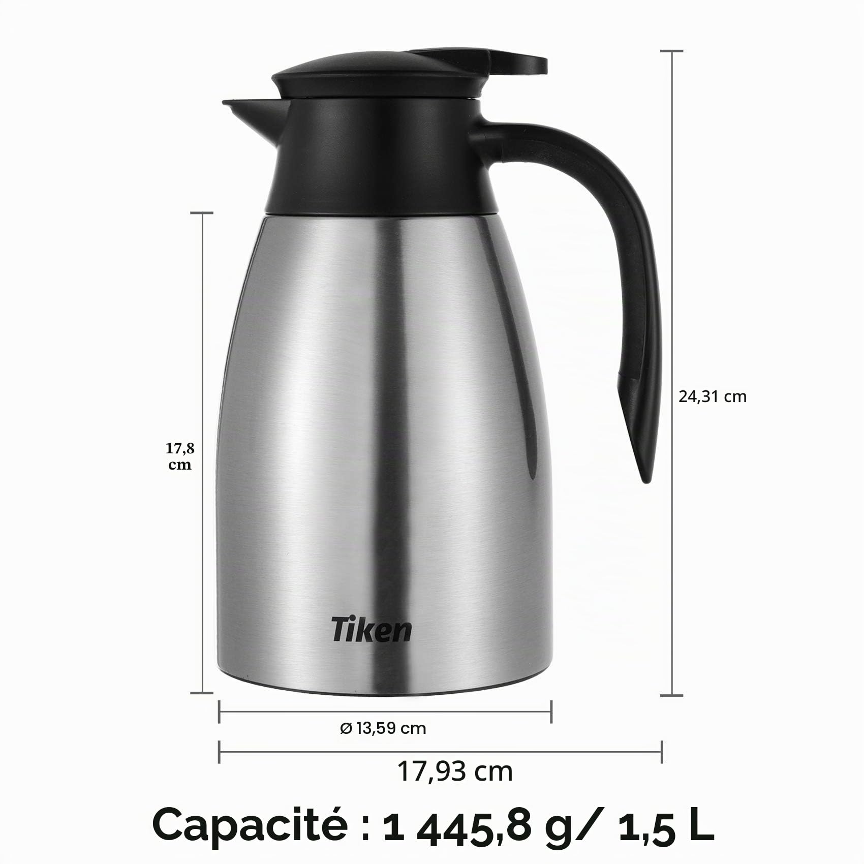 Tiken 1.5L Carafe à Café Isotherme en Acier Inoxydable, pour Boissons Chaudes ou Froides - Résiste à l'épreuve du Temps, Anti-fuites et Facile à Utiliser