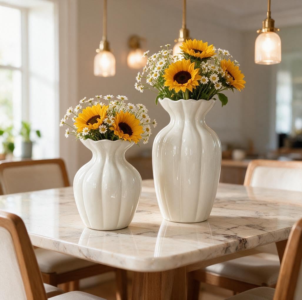 Weiße Geriffelte Keramikvasen 2er Set mit Wellenrand | Hoch & Kurz, Glänzende Oberfläche, Für Schnittblumen, 24,5 cm & 17,5 cm, Tischdekoration