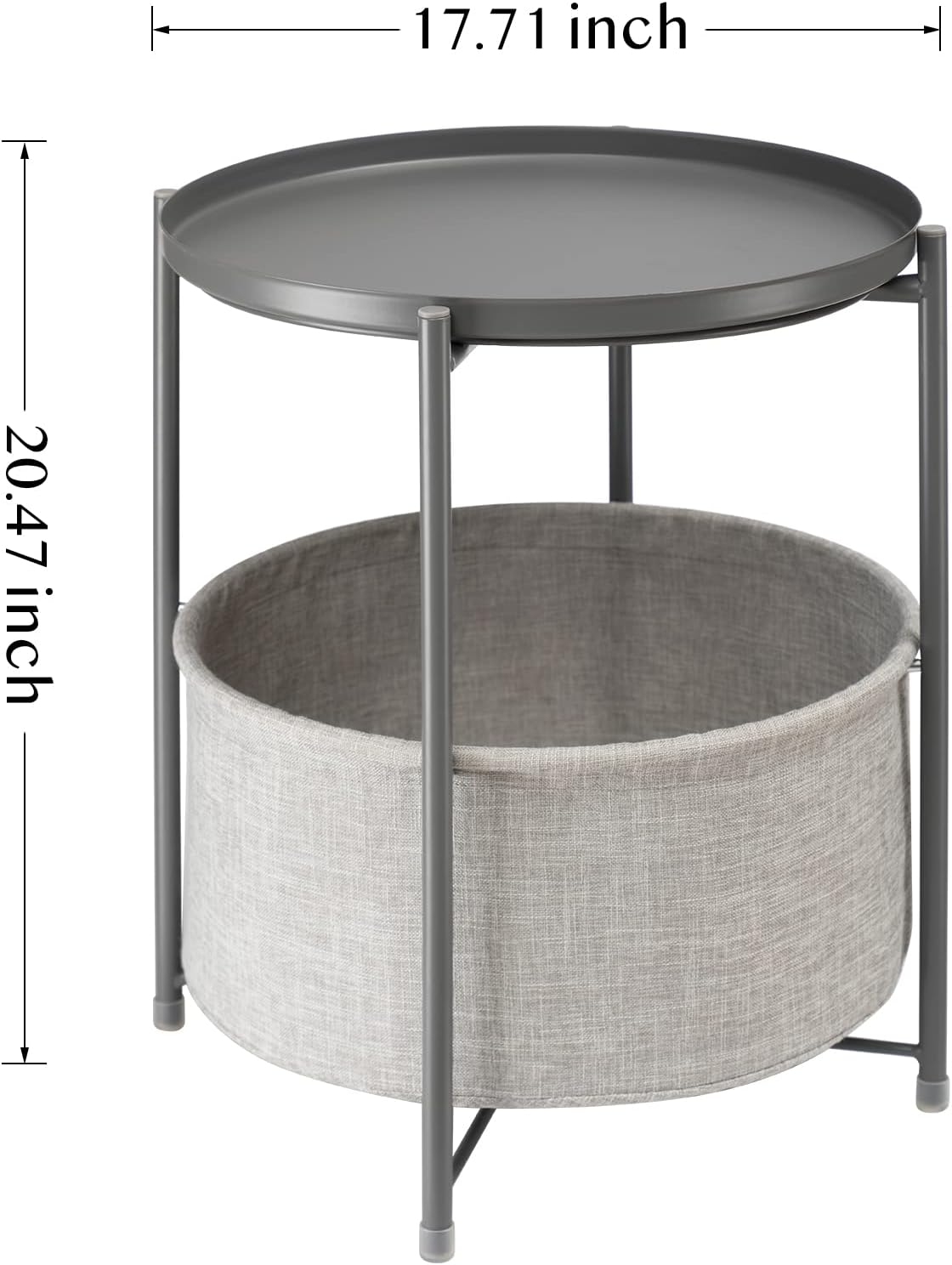 danpinera Round Side Table with Fabric Storage Basket, Metal Side Table Small Bedside Table Nightstand with Removable Tray Top for Living Room, Bedroom, Nursery, Laundry, Gray