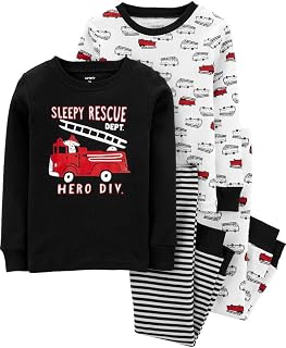 Pijama de algodón 100% ajustado, 4 piezas, color negro, camión de bomberos, 12 meses