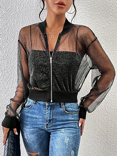 Milumia Women's Sparkly Sheer Mesh Long Sleeve Crop Jacket Light Weigh Zip Up Outwear2