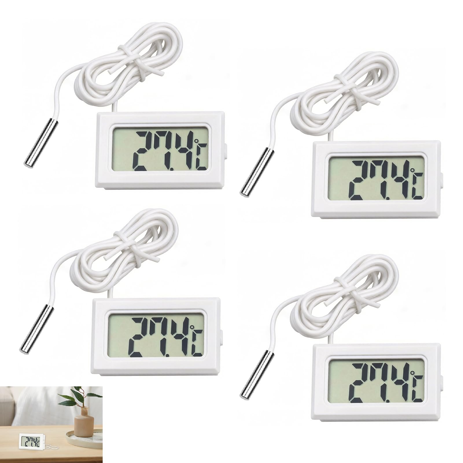 4 Stück LCD Digital Thermometer mit Externem Metall Sensor, Thermometer mit Fühler 1m Kabel, Mini Temperaturtester für Kühlschrank, Gefrierschrank, Aquarium, LCD Anzeige, Präzise Temperaturmessung