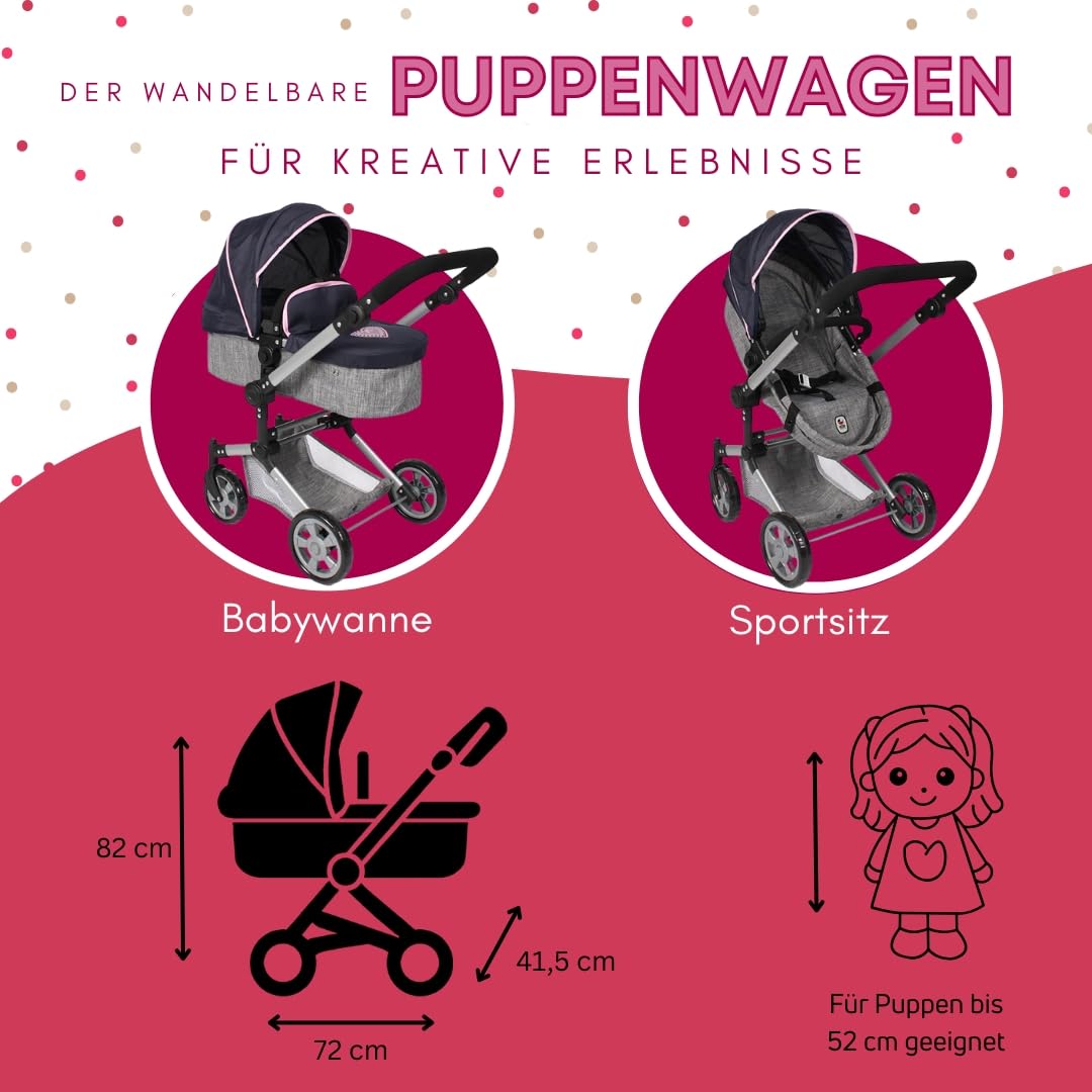 Bayer Chic 2000 Puppenwagen Linus | 2in1 Kombi-Buggy Melange Grau-Navy | Großer 2in1 Kombi-Puppenwagen mit umwandelbarer Wanne für Puppen bis 52 cm. Melange Grau-Navy, hoher Griff 47-78 cm.