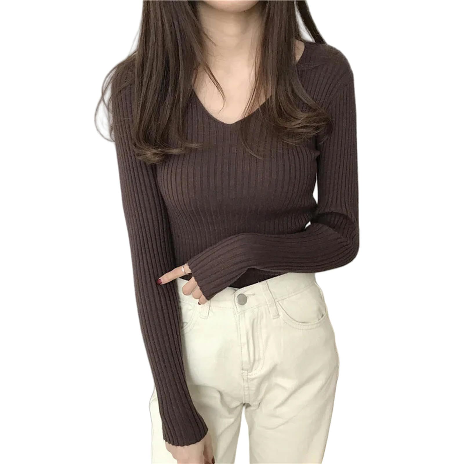 Ropa Mujer Suéter De Otoño V Cuello Suéter Tejido De Moda Delgada Cima De Invierno para Mujeres Jersey Jersey-Gris-Talla Única
