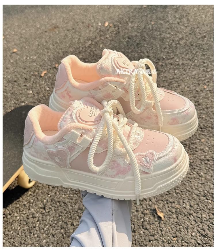 Geerta Cute Shoes Y2K の Girls Love Heart Chunky Cookie Sneaker Pretty Pastel Aesthetic Platform Thick Sole Japanese Kawaii Retro Vintage White Doll Shoes for Women Casual School Summer4