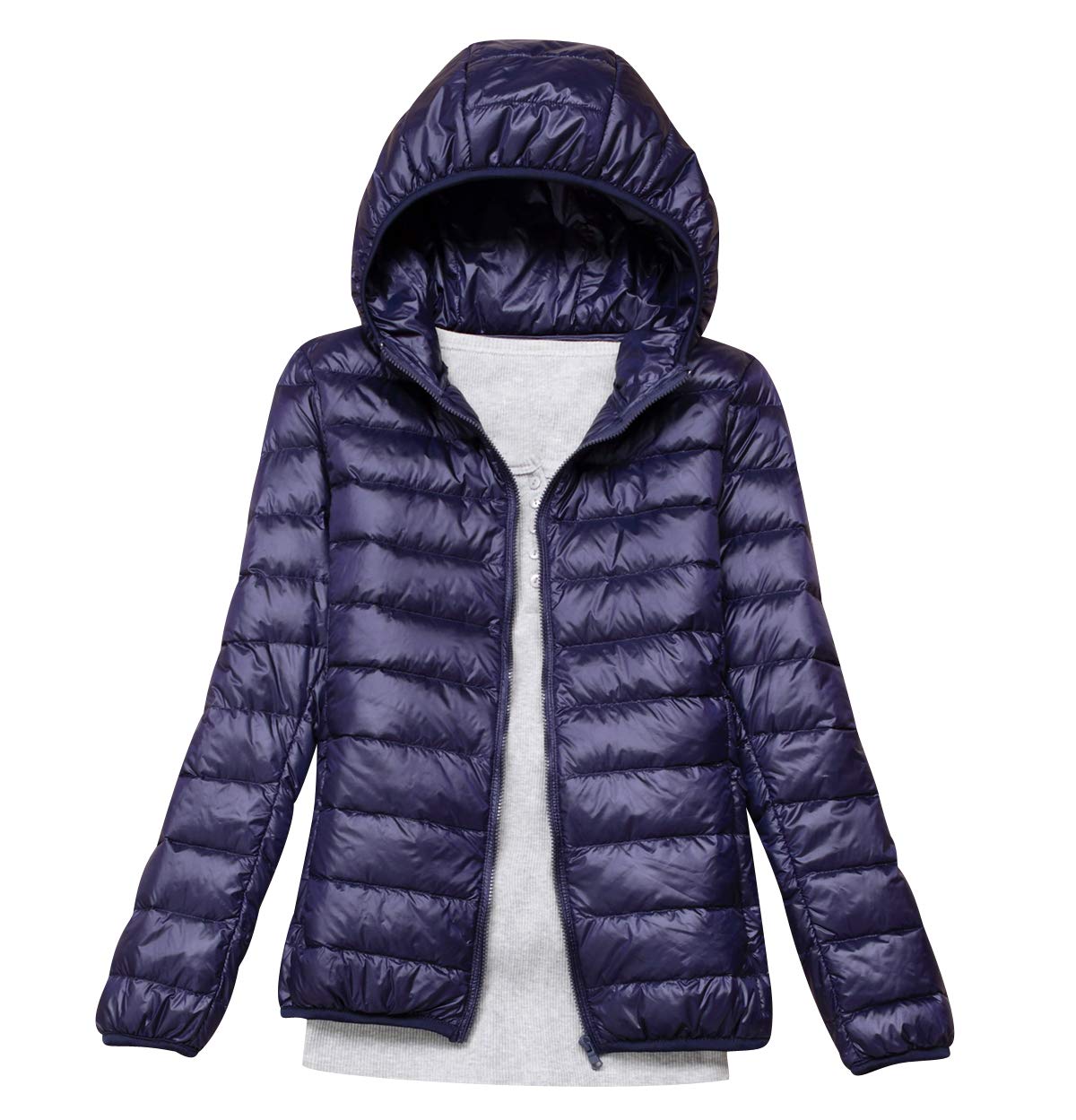 Pengniao Women's Navy Lightweight Down Jacket With Hood Down Coats Ultra Light Packable Down Jacket Down Filled Coat Parka Quilted Padded Hooded Puffer Jacket Bubble Puffa Jacket Winter