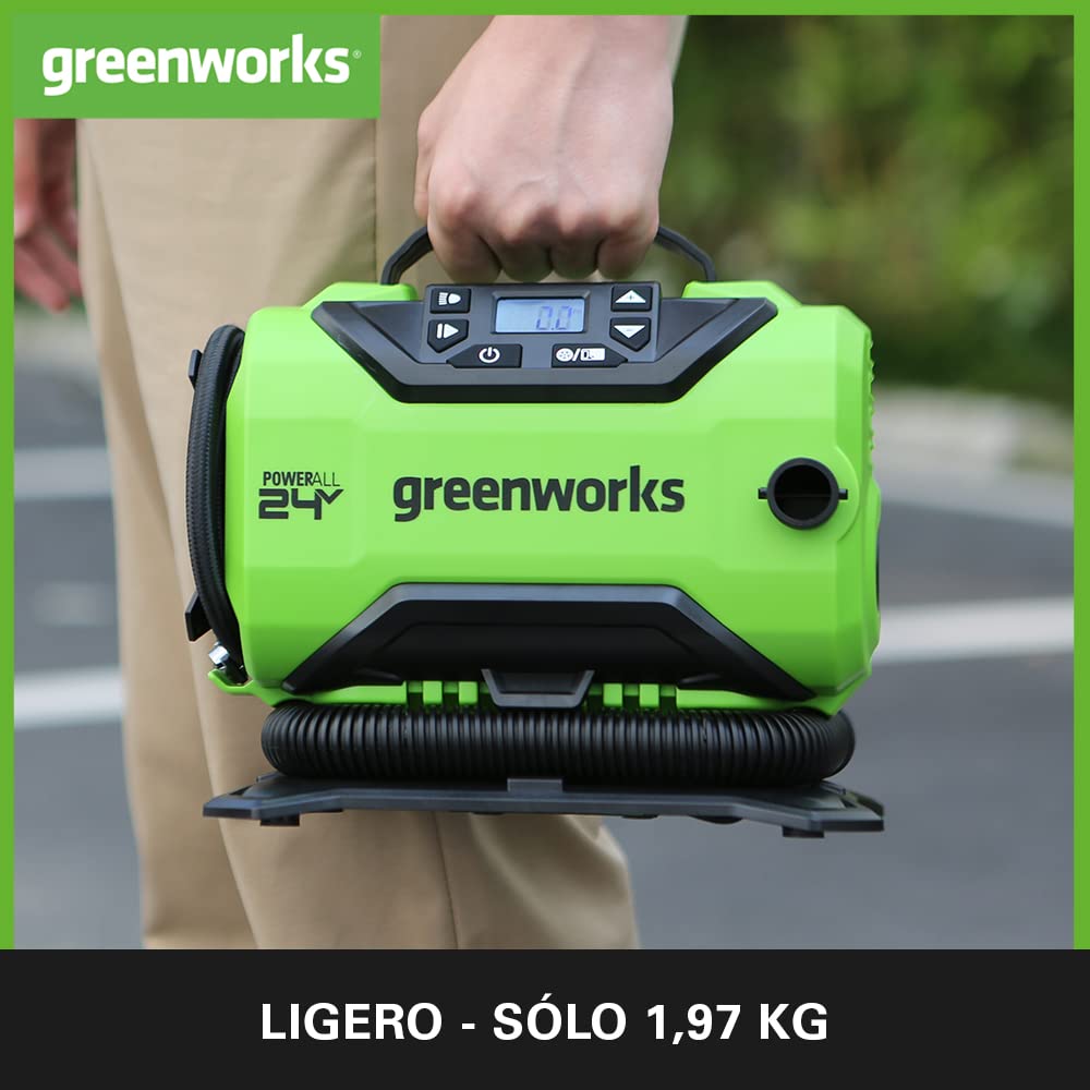 Greenworks G24IN Inflador Inalámbrico y Deflactor, 11 bar, Baja o Alta Presión, Apagado Automático con 3 Adaptadores y Manguera de 0,5 m SIN Batería de 24V y Cargador, Garantía de 3 Años