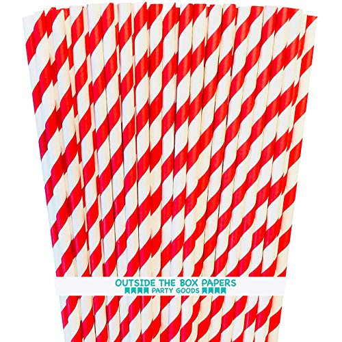 Christmas Red and White Striped Paper Straws - 7.75 Inches - Holiday Pack of 100 - Outside the Box Papers Brand