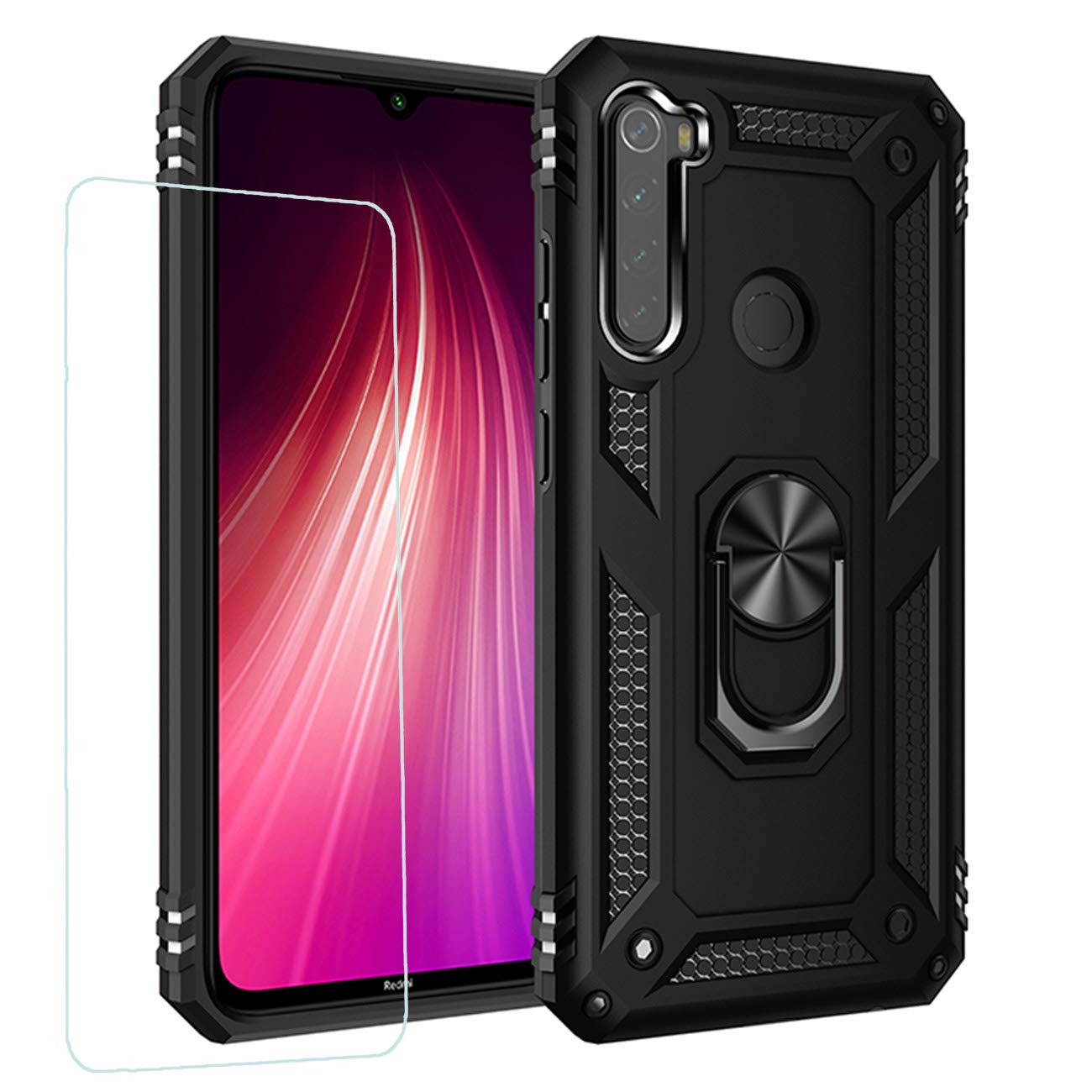 Joytag compatibles para Funda Xiaomi Redmi 9，Carcasa +Cristal Templado Silicona TPU 360 Grados Anillo Giratorio magnético Soporte Caja del teléfono del Coche-Negro — view 15