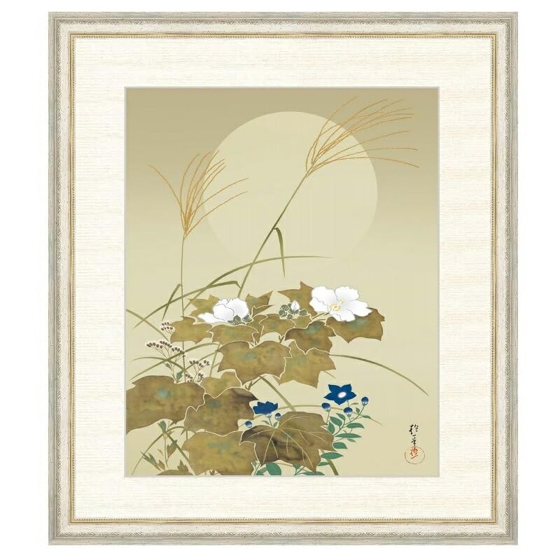 美品 掛け軸 酒井抱一筆「七草図」工芸印刷 年中掛け 秋草 酒井抱一「七草図」複製工芸掛軸 絵画買取・販売の小竹美術