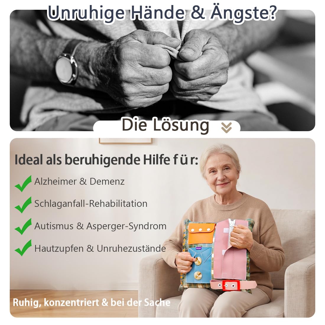 Nestelkissen für Senioren mit Demenz - Wasserdichtes Sensorik Kissen für Unruhige Hände & Motorik - Abwischbares Beschäftigungskissen mit Reißverschluss & Schnallen