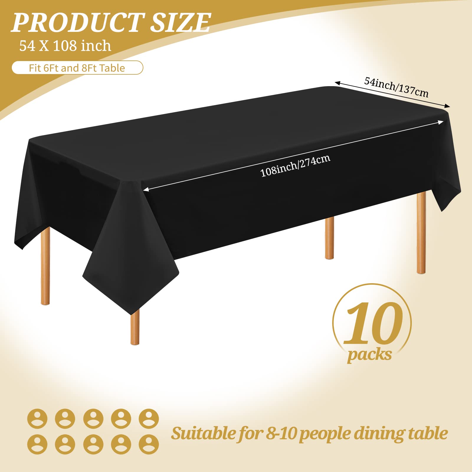 10 paquetes de manteles desechables de plástico negro para mesa rectangular de 137 cm x 274 cm, manteles premium para fiestas en interiores o exteriores, cumpleaños, bodas, picnics, decoración.
