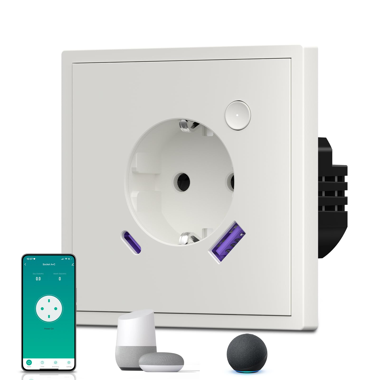 BSEED Enchufe Inteligente con 20W USB y Tipo C,Mate Enchufe Pared Wifi con Medidor Consumo,Control Remoto por APP & Voz,Requiere Cable Neutro,1 Enchufe,Blanco 86mm
