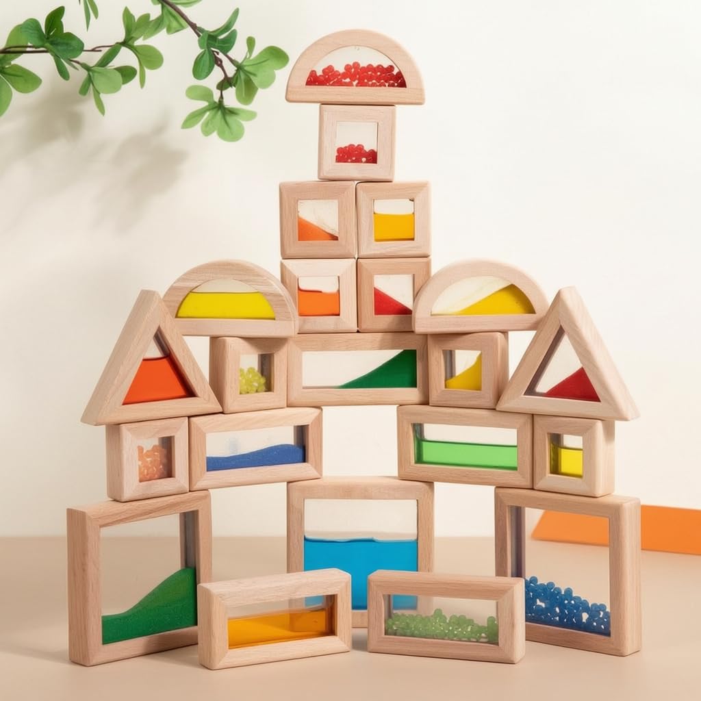 Kinder Bausteine Holzbausteine Acrylblöcke Konstruktionsspielzeug Steckbausteine aus Buchenholz mit Transparenten Fenstern für Hand-Auge-koordination, 23-teilige Acryl-Sensorik-Bausteine