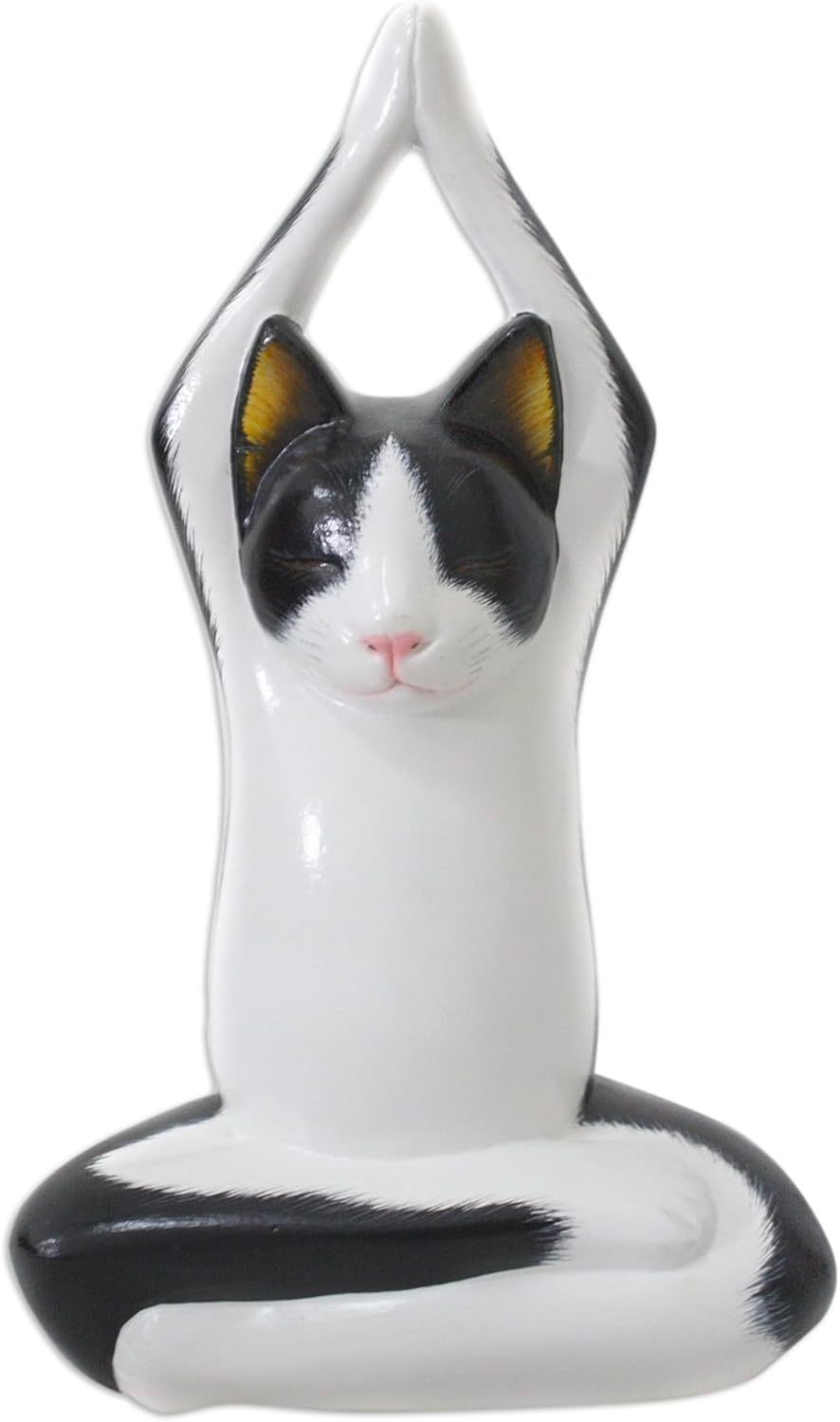 NOVICA White Albesia Wood Sculpture, 8.25" Tall 'Toward The Sky Yoga Tuxedo Cat