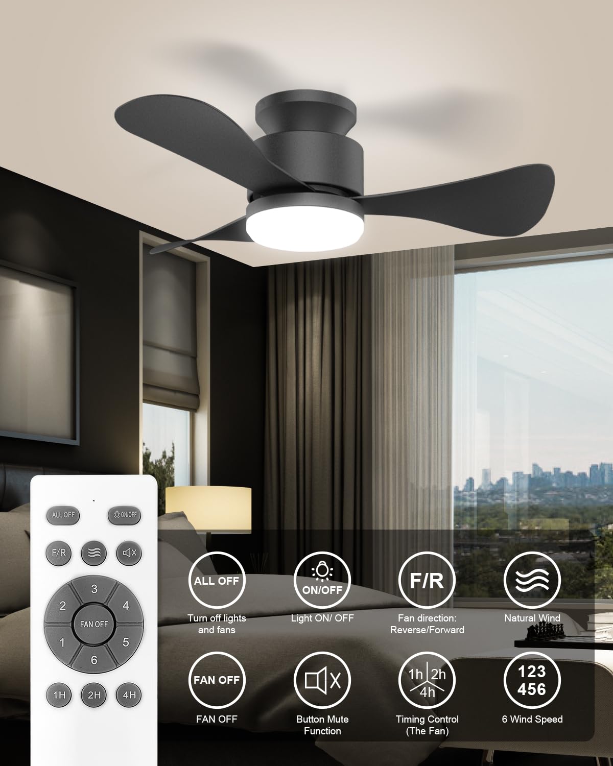 Airwit 71cm Ventilatore da Soffitto con Luce Silenzioso, Piccolo Lampadario Ventilatore Soffitto con Telecomando e Reversible DC Motore, Lampada Ventilatore LED per Camera da Letto, Soggiorno, Cucina