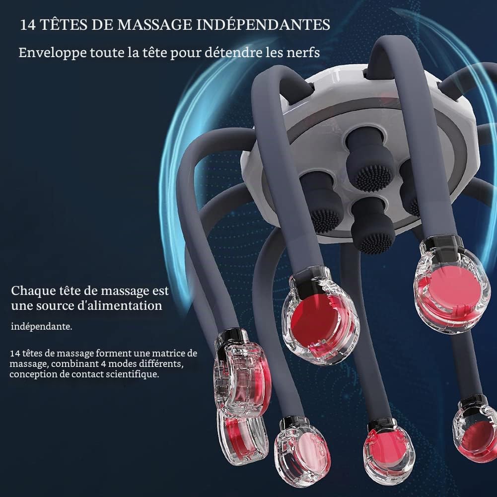 Masseur automatique du cuir chevelu Masseur de tête Octopus avec 14 contacts vibrants, 5 modes, Smart Timing, Masseur électrique de la tête pour soulager les maux de tête (gris)