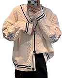 Women's Cardigan Star Embroidery Knit Open Front Cardigan V Neck Long Sleeve Oversized Button Sweater Coat Outwear