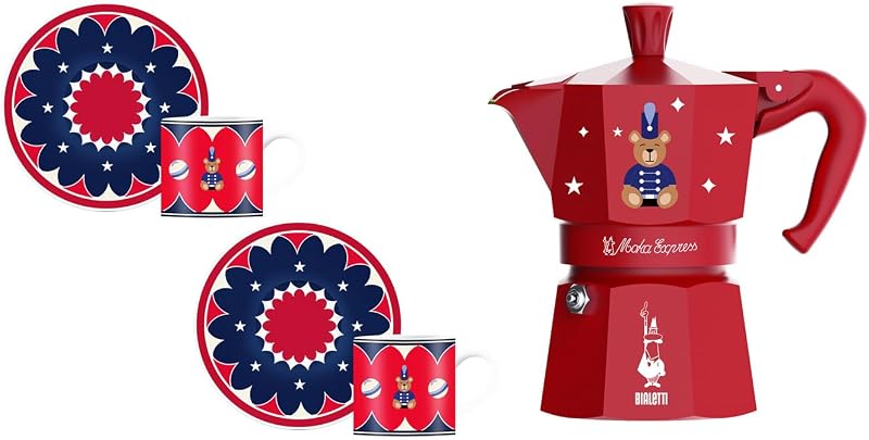 Bialetti Moka Express Iconic Italian Stovetop Espresso Maker (rojo/azul, juego de 3 tazas)