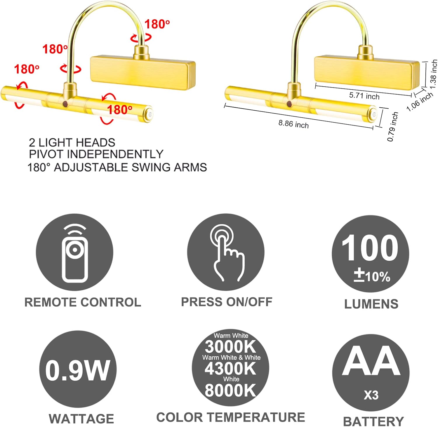 BIGLIGHT Wireless Battery Operated LED Picture Light with Remote, Rotatable Light Heads of 3 Lighting Modes, Dimmable Display Lamp with Timer for Painting Photo Portrait Art, 8.8", Gold