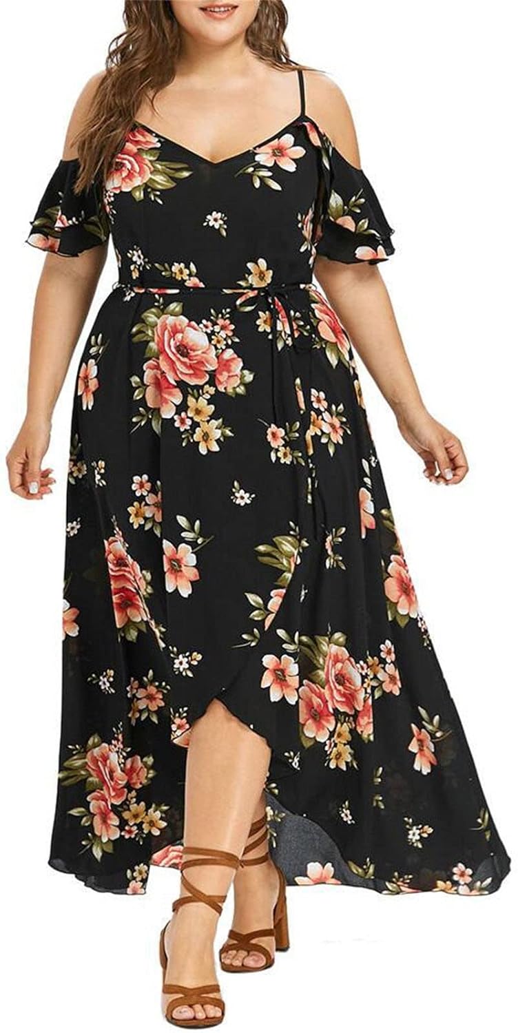 Generic Women's Floral Printed Chiffon Dress Off-Shoulder V Neck Dresses Smocked Ruffle Flowy Boho Maxi Cocktail Dress
