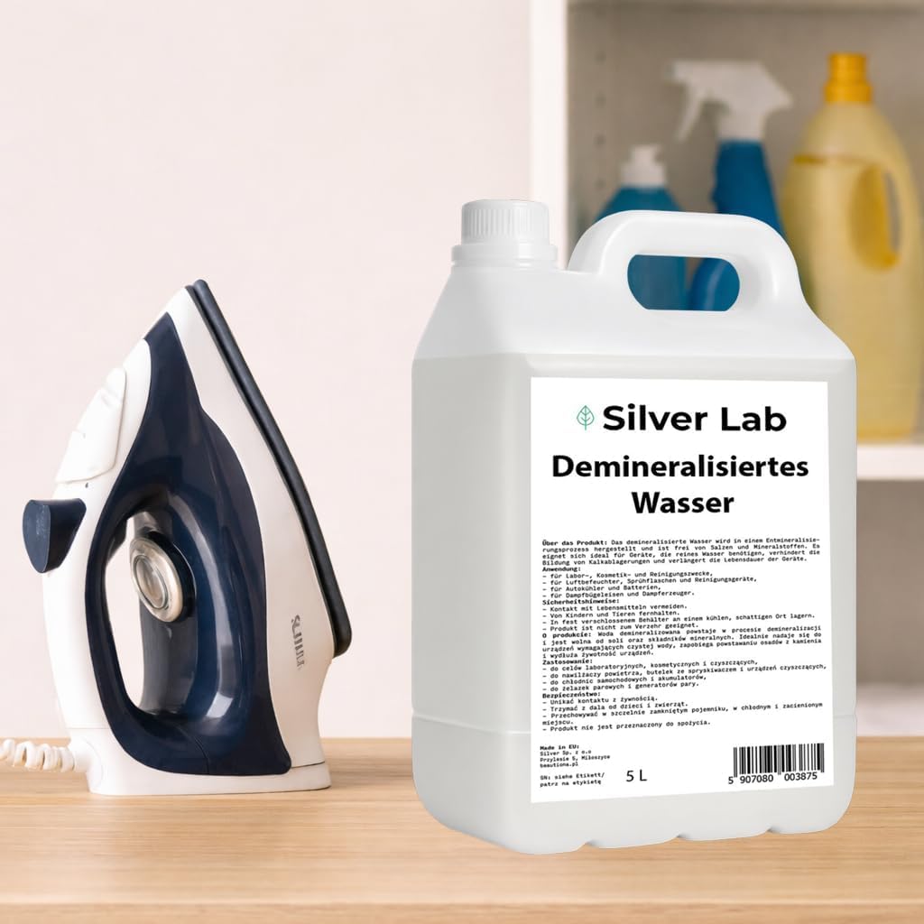Eau déminéralisée 4×5L (20L) – Eau distillée/eau déionisée selon VDE 0510 – Sans calcaire, haute pureté – Pour auto, fer à repasser, humidificateur, aquarium