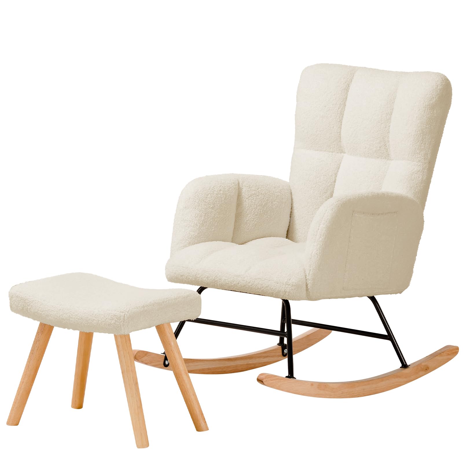 COMHOMA Fauteuil à Bascule, Fauteuil de Relaxation, avec accoudoirs, en Peluche Peluche, Charge maximale : 150 kg, Chaise Longue de Jardin pour Chambre, Beige avec Repose-Pieds